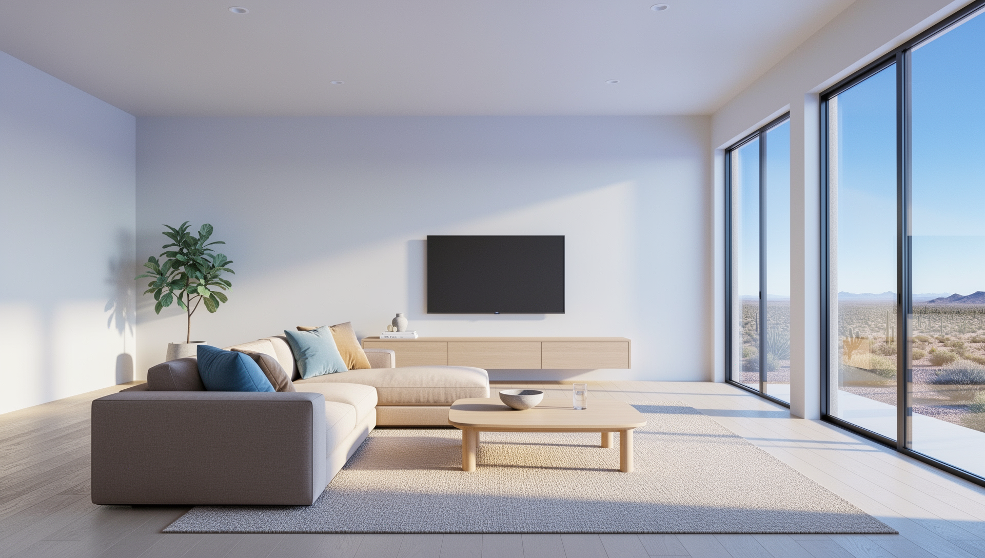 A bright, airy modern living room kept perfectly cool