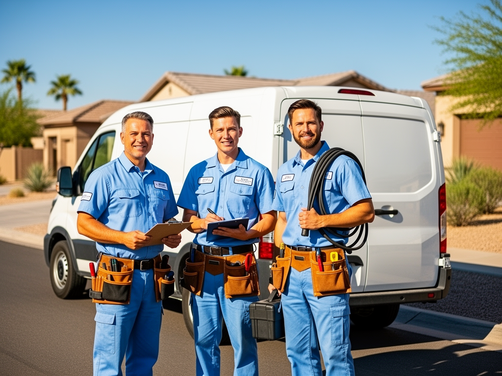 The friendly Falcon Air crew beside a clean service van in bright Phoenix daylight