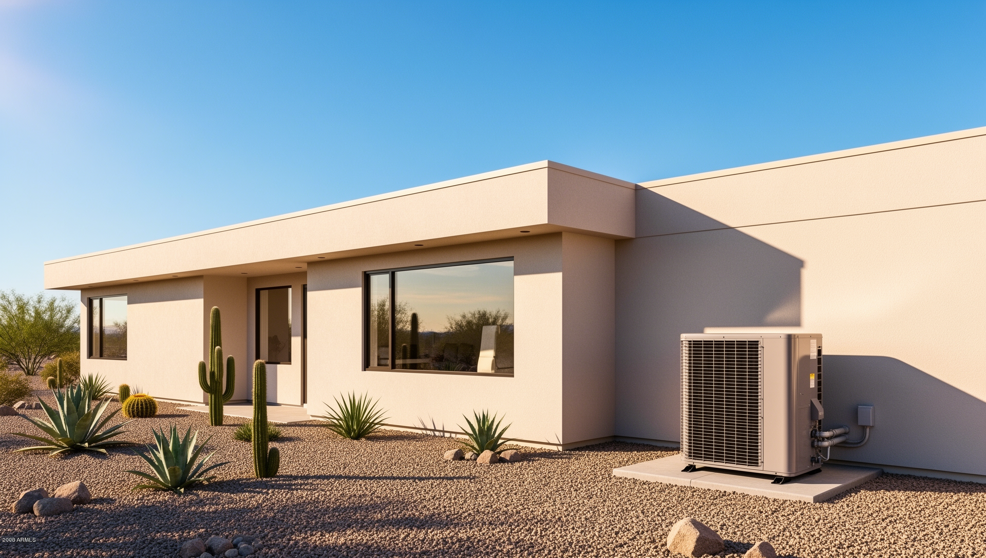 A clean new air conditioning condenser beside a bright modern Phoenix home under a clear blue sky