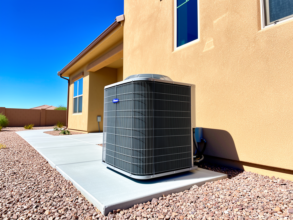 A brand-new AC condenser freshly installed on a clean pad beside a bright modern home