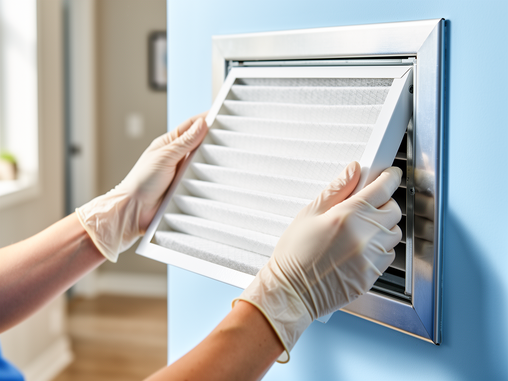 Clean gloved hands sliding a fresh filter into a home HVAC return in bright daylight