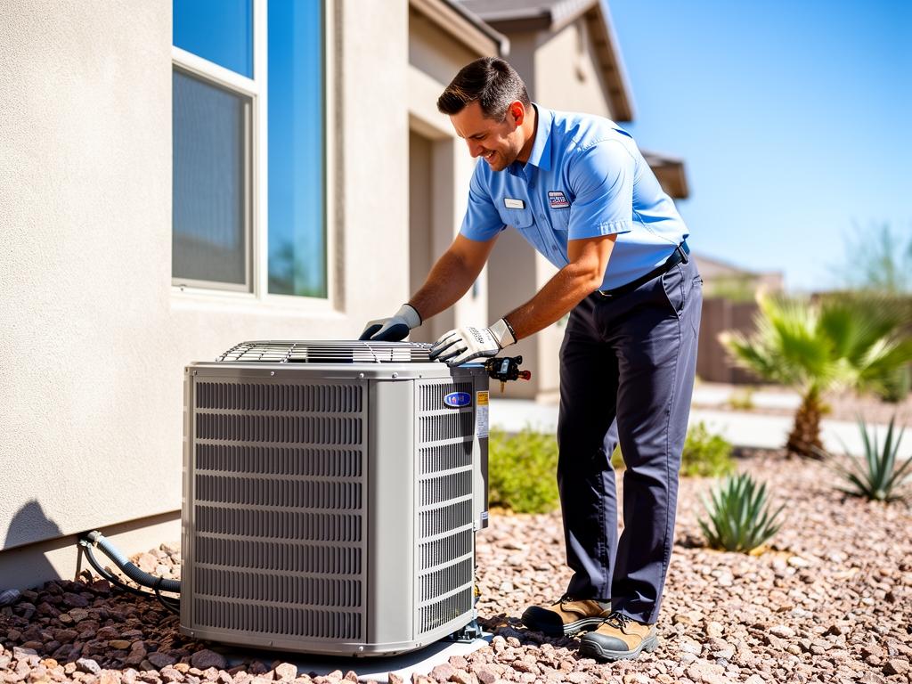 A friendly uniformed Falcon Air technician inspecting a residential AC condenser in bright daylight